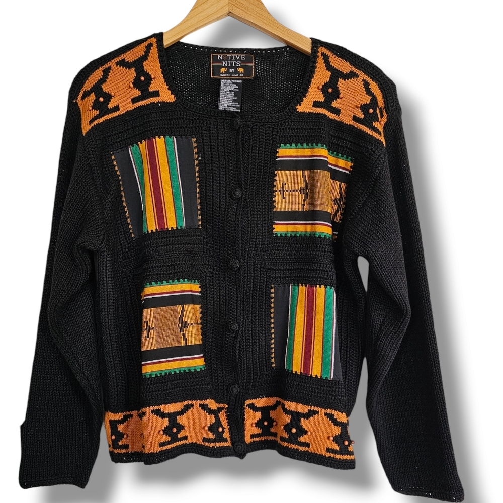 Vintage N8tive Nits Cardigan Sweater Womens Size M Black Gold African Pattern‎
